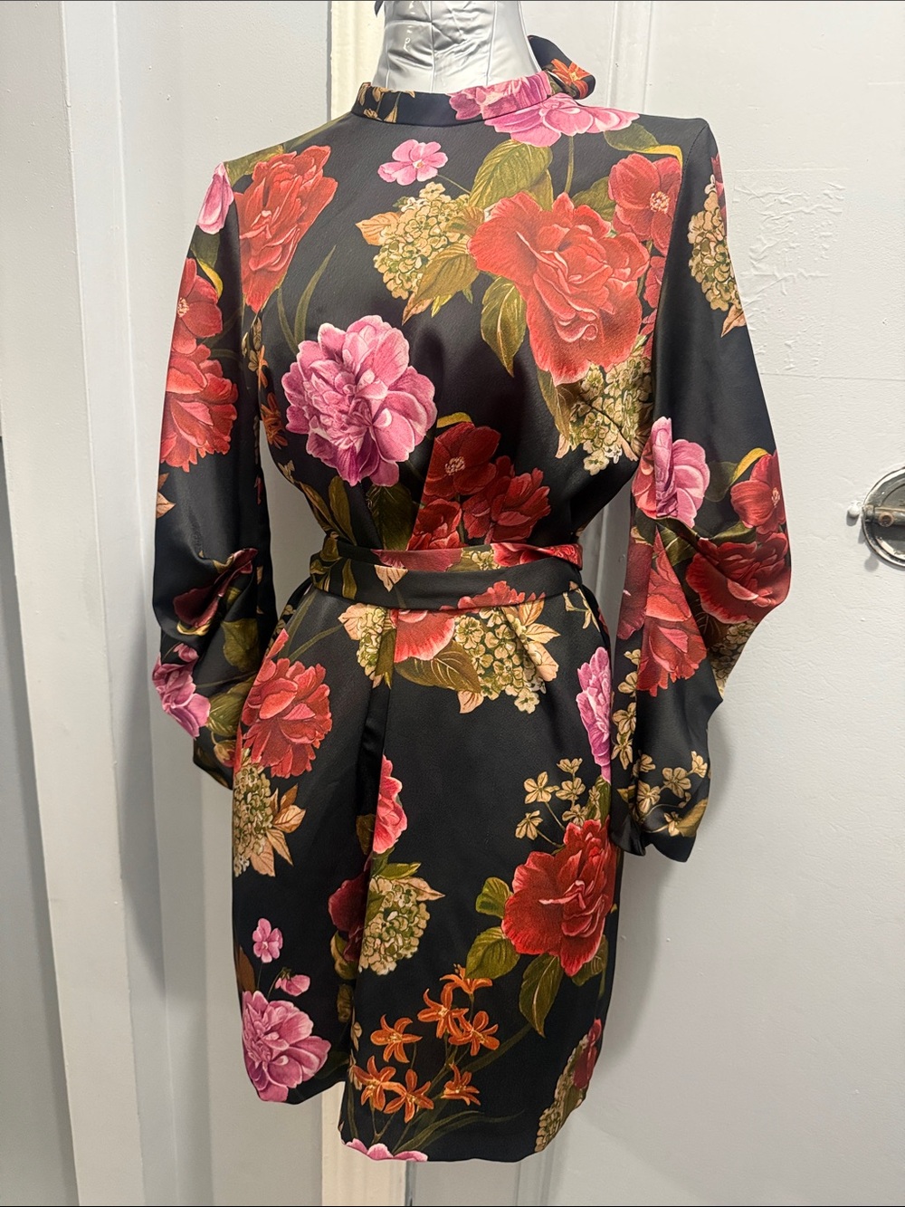 Zara Black Floral Satin Mini Dress with Red & Pink Blooms